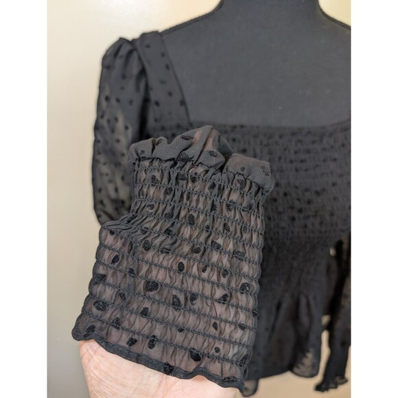 Nine West Blouse Black Smocked Square Neck Polka Dot Long Sheer Sleeves XS - Picture 10 of 13